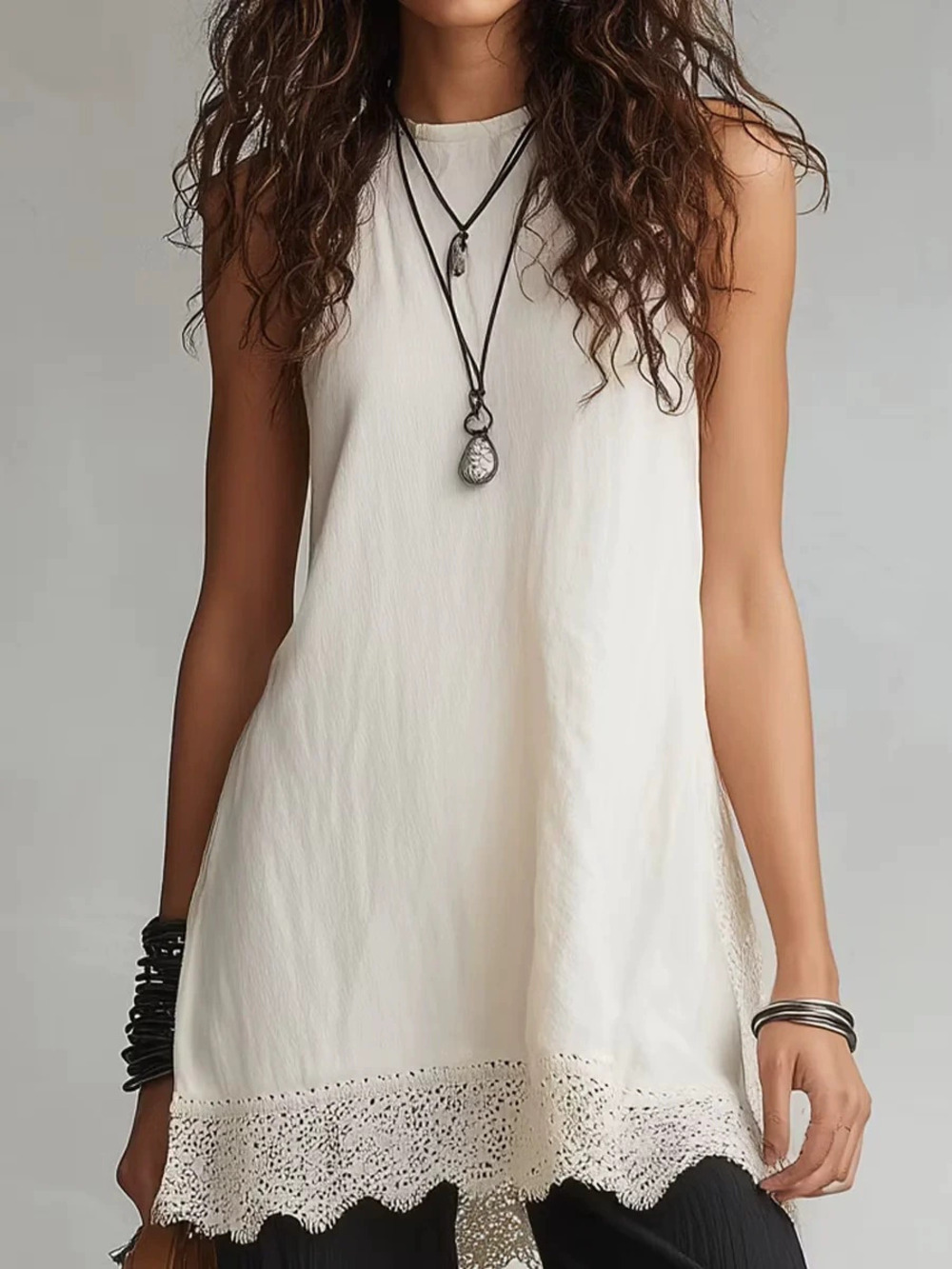 ZARA Solid Sleeveless Crew Neck Wave Hem Blouse Set